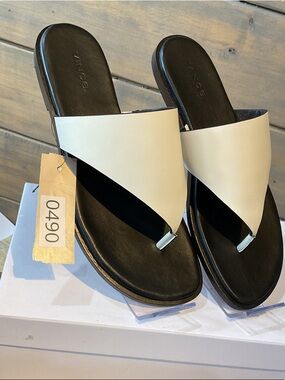 Vince Two-Tone Leather Slide Sandals in White and Black.